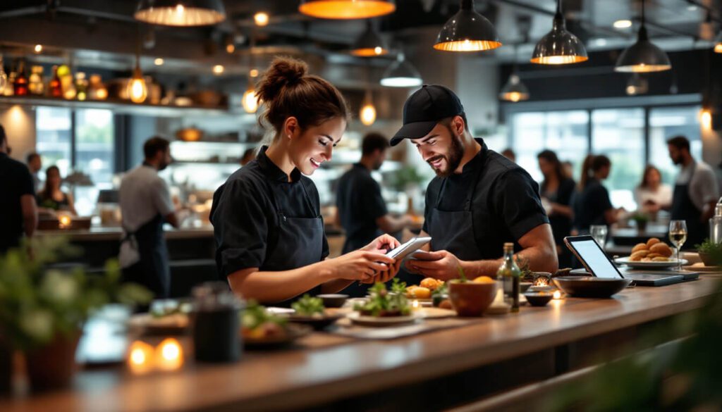 Trabajadores Digitales: El Nuevo Aliado de la Gestión en Restaurantes 2 dos personas trabajando en la gestión de restaurantes