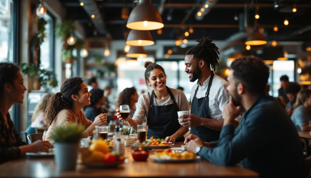 A photograph of a bustling restaurant scene where a diverse group of customers is enjoying their meals