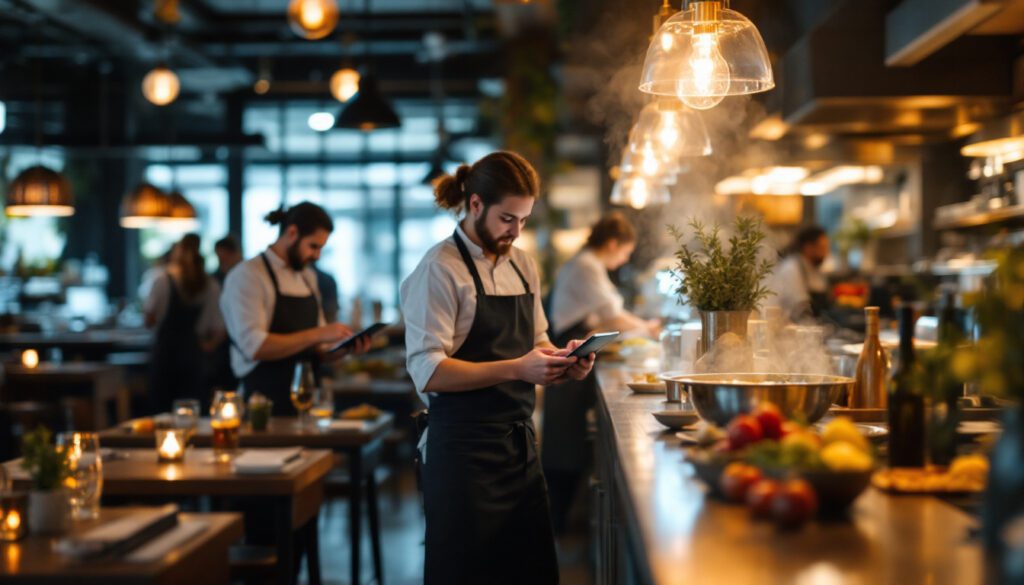 A photograph of a modern restaurant setting where digital workers