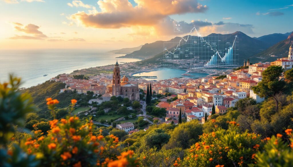 A photograph of a vibrant sicilian landscape that juxtaposes the natural beauty of the island with elements of data visualization