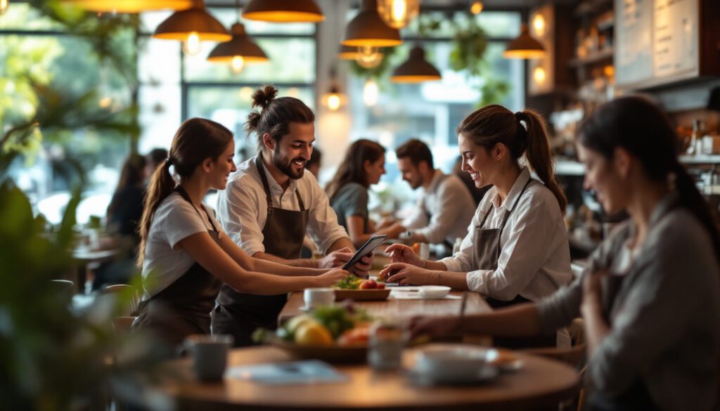 A photograph of a bustling restaurant scene where staff are engaging with customers