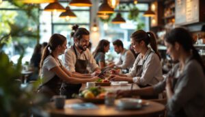A photograph of a bustling restaurant scene where staff are engaging with customers
