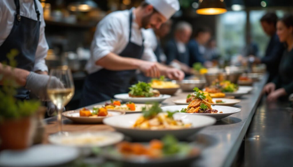 cocineros dando los detalles finales al plato
