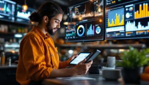 Un gerente de hostelería analizando métricas de contabilidad viva en restauración a través de paneles de control inteligentes y una tablet.