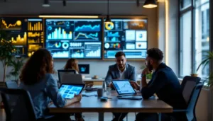 Predicción de la demanda en restaurantes. Reunión de directivos analizando gráficas de inteligencia artificial para la predicción de la demanda en restauración.