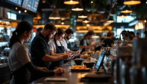 Errores al prever la demanda en restaurantes .Gerente analizando datos manuales en una pizarra para evitar errores al prever la demanda en restaurantes.