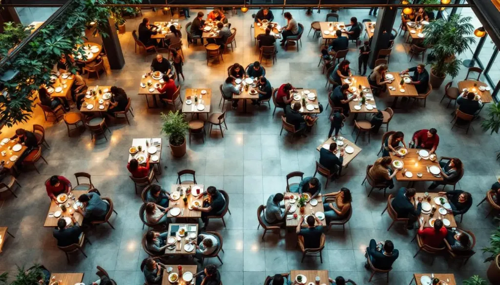 Qué es la volatilidad de la demanda en restaurantes y por qué arruina tu rentabilidad 4 volatilidad de la demanda. Vista aérea de un restaurante lleno de clientes ilustrando un pico de volatilidad de la demanda en hostelería.