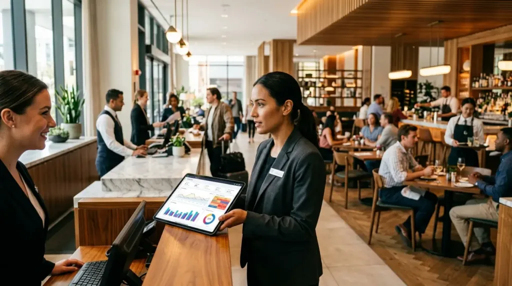 Dato Vivo: La guía definitiva para la gestión predictiva en hostelería 12 Dueña de restaurante gestionando la gestión predictiva en hostelería