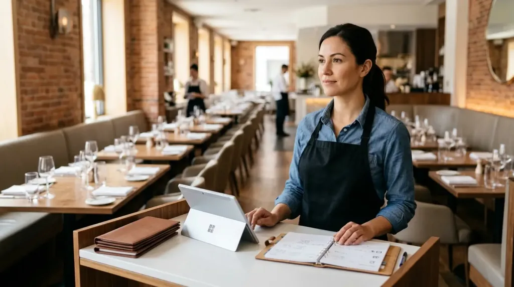 Cómo pasar del caos administrativo a la anticipación diaria en tu restaurante 11 Caos administrativo en hostelería, dueña de restuante examinando tablet y papeles.